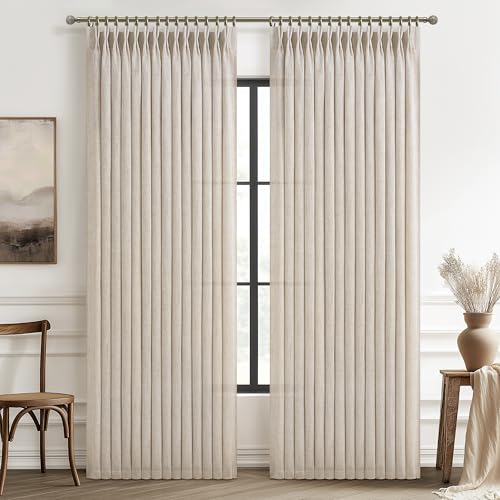 Natural Linen Light Filtering Curtains Pack of 2 - 60W x 96L Inches, Pleated Semi Sheer Farmhouse Drapes