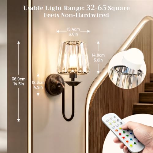 KernLite Black Wireless Dimmable Wall Sconces Set of Two with Crystal Shades and Remote