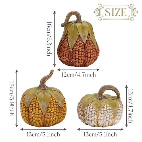 Large Fall Decorative Pumpkins Set of 3 - Valery Madelyn Resin Corn Figurines for Indoor & Outdoor Autumn Home Decor
