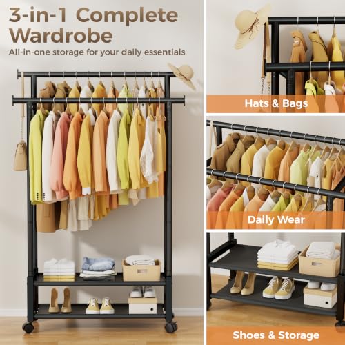SpaceHidden Black Double Rod Clothing Rack with 2 Shelves, Rolling, Wobble-Free