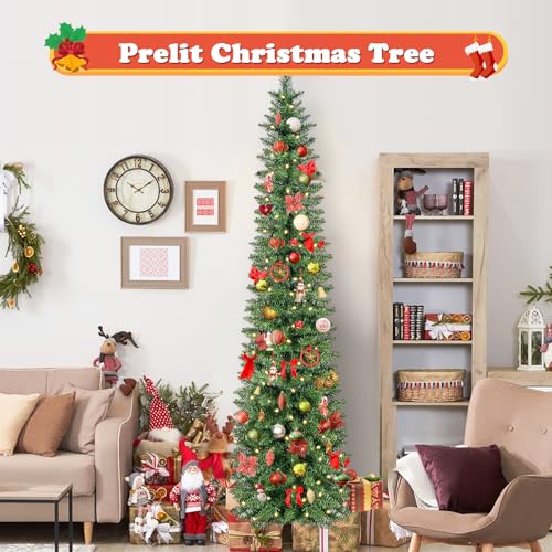 Kungfuking 7ft Green Artificial Christmas Tree Pre-Lit with Warm Lights - Slim Xmas Tree