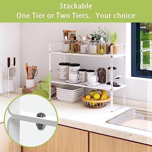 Across-Star Expandable White Kitchen Counter Organizer Rack 2 Pack, Adjustable & Stackable Spice & Pantry Shelves