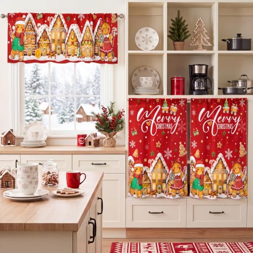 Chumia Red Gingerbread Christmas Kitchen Curtain Set - Valance & Tier Curtains