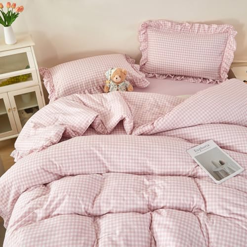 Pink Gingham Full Bedding Set for Girls - 5 Pieces Ruffled Bed Comforter & Sheets