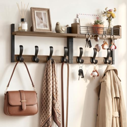 Brown 29-Inch Wall Mount Coat Rack with Shelf and 11 Hooks - 4 in 1 Entryway Organizer
