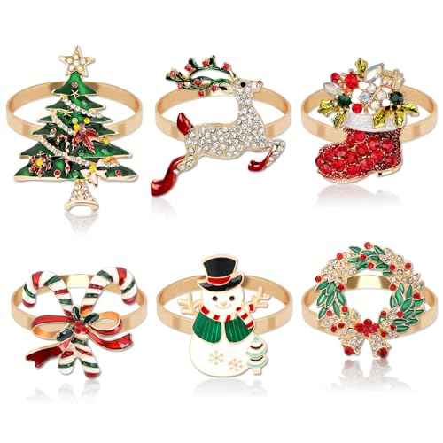 6 Pieces Christmas Napkin Rings Christmas Napkin Holders for Cloth Napkins Rhinestone Crystal Holiday Napkins for Dinners Parties Wedding Adornment Table Decorations