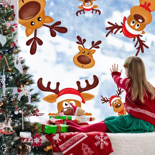 Christmas Reindeer Window Clings - Cute Cartoon Animal Decals, Reusable PVC Window Decor for Winter, Birthday, Baby Shower, Party Glass Mirror, 4 Sheets