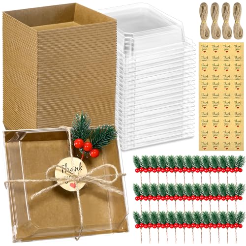 50 Pack Christmas Charcuterie Boxes with Clear Lids, Pine Cones & Thank You Stickers