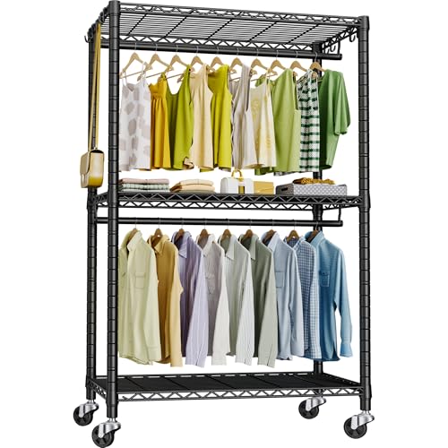 FUTASSI P3 Black Rolling Clothes Rack with Adjustable Shelves & Heavy Duty Capacity