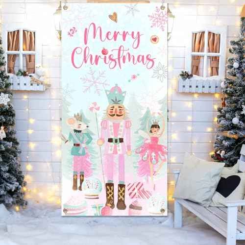 Pink Nut-cracker Christmas Door Cover Decoration, Merry Christmas Supplies, Nut-cracker Door Hanging Backdrop for 2023 Winter Xmas Decoration