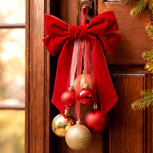 12-Inch Red Gold Christmas Ornament with Velvet Bow for Holiday Decor