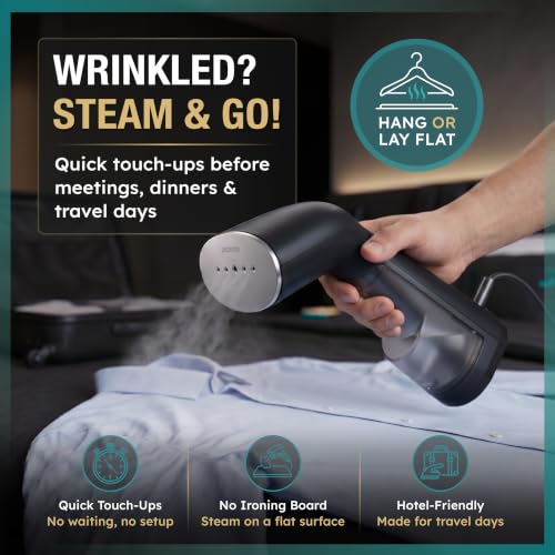 Polardo Black Travel Garment Steamer - Dual Voltage Handheld Mini Clothes Steamer for Travel & Home
