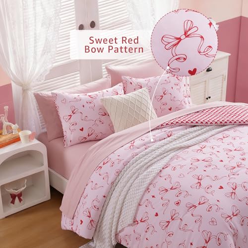 AMBERSPACE Red Bow & Heart Full Comforter Set for Girls - 7 Pieces, Aesthetic Bed in a Bag