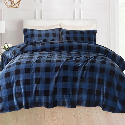Elegant Comfort Buffalo Blue Queen Velvet Flannel Sheet Set - Soft Warm Cozy Bedding