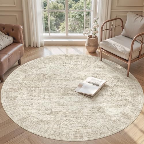6ft Beige Round Area Rug Non-Slip Pet-Friendly Washable Living Room Carpet