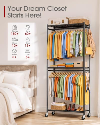 Large Black Clothes Rack with Shelves & Wheels - Multi-Functional Wardrobe Organizer