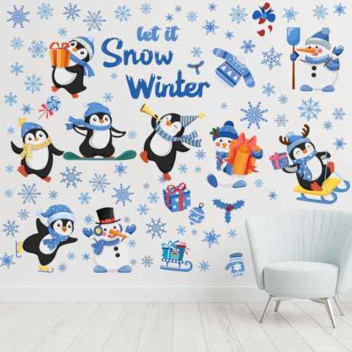 51 Pcs Hello Winter Wall Decals Stickers Let It Snow Penguin Window Clings Christmas Window Clings for Winter Holiday Living Room Nursery Bedroom Wall Decoration, 6 Sheets