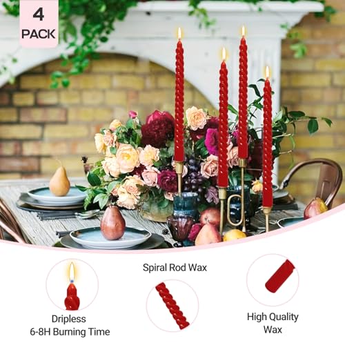 4 Pack Red Spiral Taper Candles for Home Decoration, 10 Inch Cream Candlesticks for Dinner Party Wedding Holiday, Dripless and Smokeless