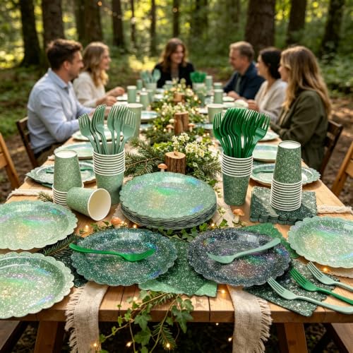 Green Iridescent Party Tableware Set for 40 Guests - Holographic Plates (Clystrant)