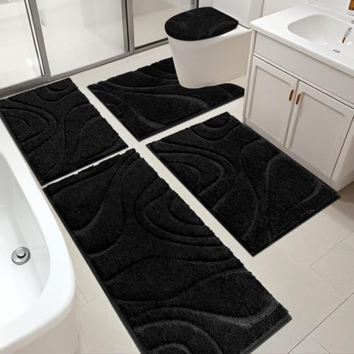 HEBE Bathroom Rug Set 5 Piece - Non Slip Microfiber Absorbent Bath Mats - Black, 18x26, 20x32, 20x48, U-Shaped & Toilet Cover
