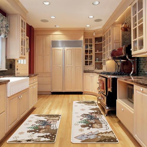 Tinideya 2Pcs Wooden Tree Christmas Kitchen Mats – Snowflake Snow Sleigh Runner Rugs (Variation: Wooden Tree)