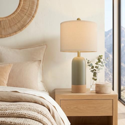 PoKat 24-Inch Hand-Textured Green & Earthy Yellow Ceramic Farmhouse Bedside Lamps Set of 2 - Matte Finish