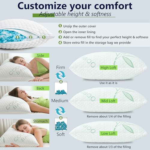 Green-White Bamboo Cooling King Pillows Set of 2 - Adjustable Memory Foam, Sleep Support