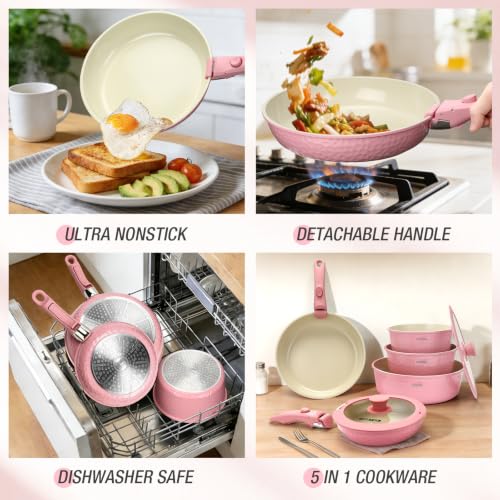 Pink 21-Piece Ceramic Nonstick Cookware Set with Detachable Handles - Space-Saving, Dishwasher & Oven Safe