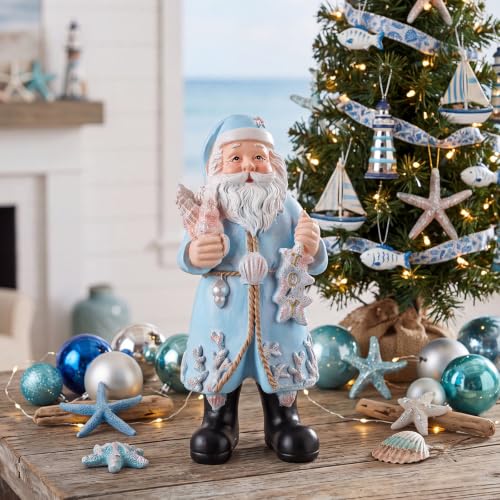 Coastal Santa Figurine 10in — Blue Coat with Seashells & Starfish Christmas Decor