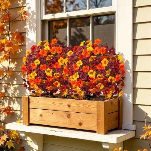 Artificial Fall Flowers with Ground Stake - 22 Inches Tall, UV Resistant Autumn Decor - Orange Yellow Brown Burgundy, 2 Pack