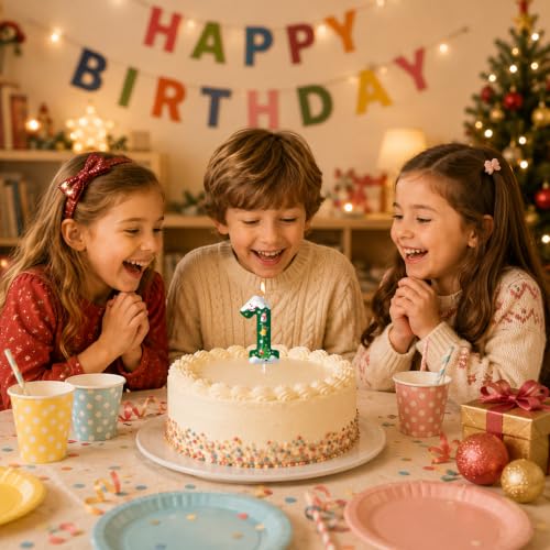 Christmas Number 1 Birthday Candle Green Bell - Cake Topper with Pick, Xmas Tree Holiday Décor