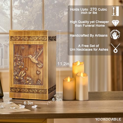 Hummingbird Carved Wooden Urn for Ashes - Large Cremation Memorial Box for Adults, with Velvet Bag & Necklace