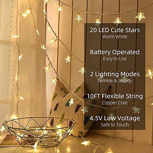 Star String Lights 10Ft 20 LED Fairy Lights Battery Operated Waterproof Indoor Outdoor Twinkle Christmas Lights for Bedroom Party Wedding Xmas Tree Decoration (Warm White)