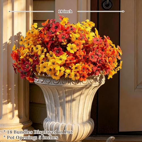 Artificial Mums for Outdoors - 18 Pack Faux Flowers with Eucalyptus Leaves - Orange, Yellow & Burgundy