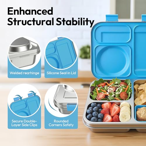 Stainless Steel Bento Lunch Box with 8oz Insulated Food Jar - Blue - 3 Compartments, Leak-Proof & BPA-Free for Kids & Adults