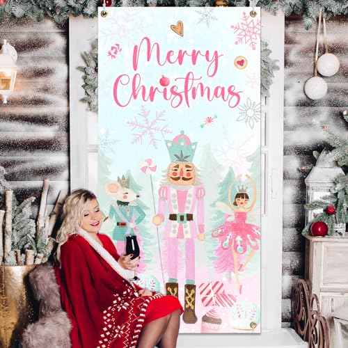 Pink Nut-cracker Christmas Door Cover Decoration, Merry Christmas Supplies, Nut-cracker Door Hanging Backdrop for 2023 Winter Xmas Decoration