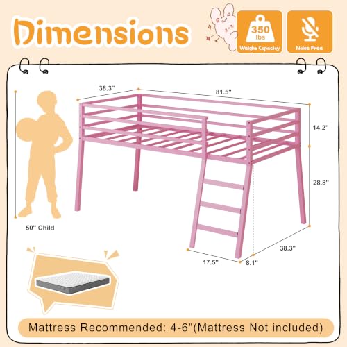 Lutown-Teen 43 Inch Pink Metal Twin XL Loft Bed with Stairs & Guardrail