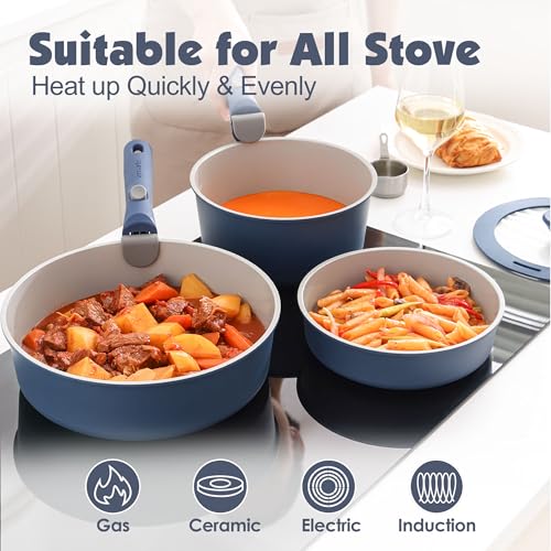 Navy 17-Piece Ceramic Non-Stick Cookware Set with Removable Handles