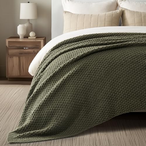 EverGrace Olive Green Chunky Chenille Knit Throw Blanket 90x90 Inches