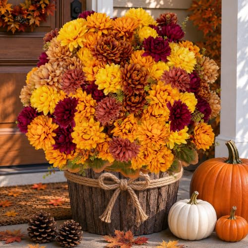 Artificial Fall Mums Flowers Bundle - 15 Inch, Multi-Orange Yellow Burgundy Brown, Outdoor Decor