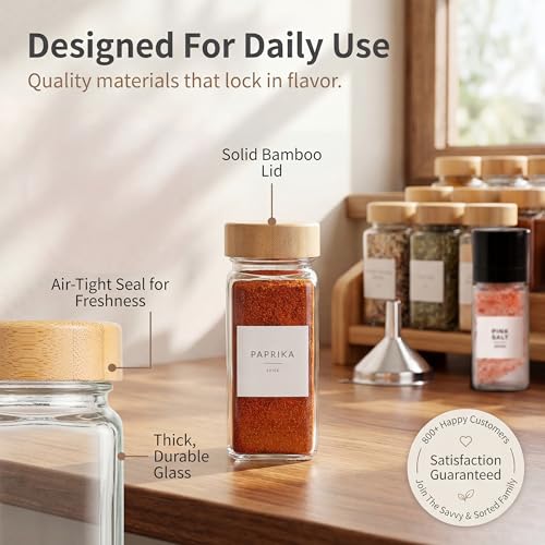 Square Glass Spice Jars with Bamboo Lids - 24 Pack, Labels, Shaker & Pepper Grinder Set