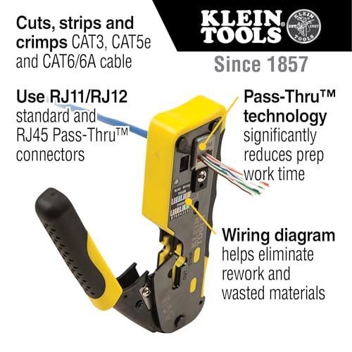 Klein Tools VDV226-110 Ratcheting Modular Data Crimper - Wire Stripper & Cutter, RJ11/RJ12 & RJ45 Pass-Thru - Crimper