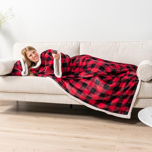 PAVILIA Sherpa Wearable Blanket with Sleeves, Checkered Red/Black 70x50 — Plush Cozy Throw for Adults