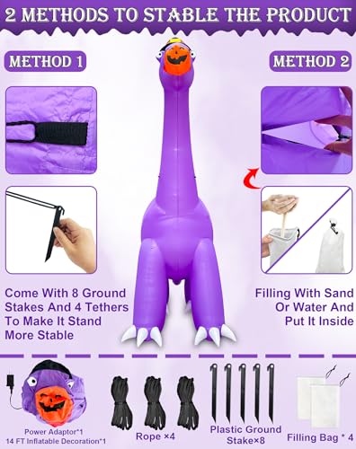 16 Ft Giant Halloween Dinosaur Inflatable with Lights & Stakes for Outdoor Yard Decor