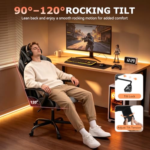 Ergonomic Gaming Chair for Adults - Gray PU Leather, High Back, Rocking, Lumbar Support, Swivel, Easy Assembly - Style1