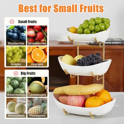 Gold 3-Tier Ceramic Fruit Basket for Kitchen Counter - Large