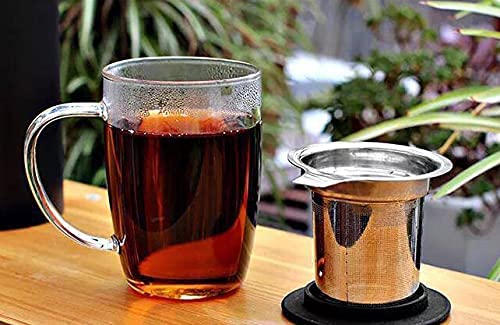 Prime Tea - Glass Teacup with Tea Infuser, 16oz / 470 ml, Hand Blown, Single Wall, Heat Resistance Borosilicate Glass Teamaker Cup for Blooming & Loose Leaf Tea, Microwave & Dishwasher Safe (Black)