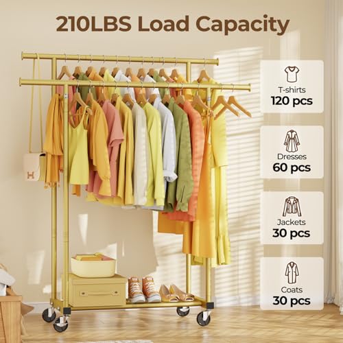 Double Rod Clothes Rack with Wheels, Sturdy Portable Garment Rack for Bedroom Laundry
