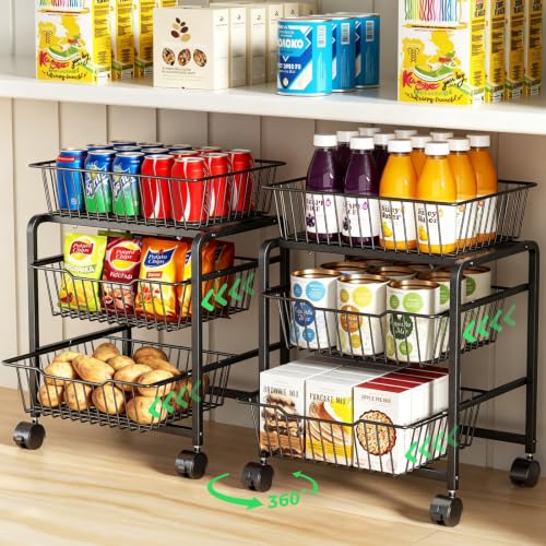 3-Tier Pull-Out Rolling Pantry Organizer with Wheels - Fits Under 25-Inch Shelves, Heavy Duty Metal Storage Cart - Variation 2