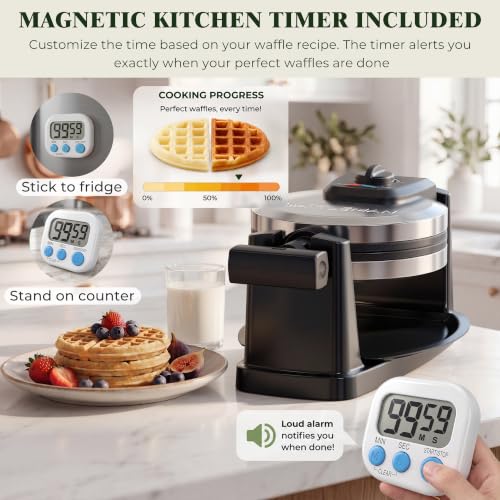 CATTLEMAN Rotating Belgian Waffle Maker with Magnetic Timer and Adjustable Browning